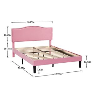 VECELO Full Bed Frame Platform Bed Frame with Upholstered Headboard, Strong Frame and Wooden Slats Support, Strong Weight Capacity, Non-Slip and Noise-Free, Easy Assembly,Pink