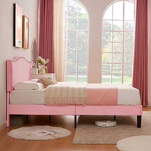 VECELO Full Bed Frame Platform Bed Frame with Upholstered Headboard, Strong Frame and Wooden Slats Support, Strong Weight Capacity, Non-Slip and Noise-Free, Easy Assembly,Pink