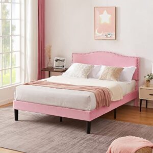 VECELO Full Bed Frame Platform Bed Frame with Upholstered Headboard, Strong Frame and Wooden Slats Support, Strong Weight Capacity, Non-Slip and Noise-Free, Easy Assembly,Pink