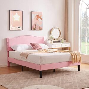 VECELO Full Bed Frame Platform Bed Frame with Upholstered Headboard, Strong Frame and Wooden Slats Support, Strong Weight Capacity, Non-Slip and Noise-Free, Easy Assembly,Pink