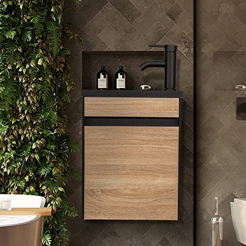 UEV Small Bathroom Vanity Wall Mounted, Black and White Mixed Small Bathroom Vanity, with Ceramic Sink, Bathroom Vanity and Sink Set with Frosted Black Faucet P-Trap (Black and Natural)