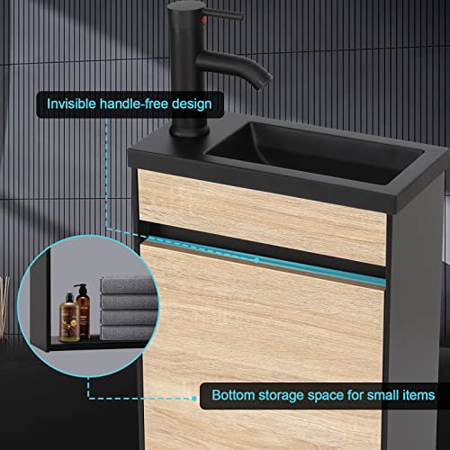 UEV Small Bathroom Vanity Wall Mounted, Black and White Mixed Small Bathroom Vanity, with Ceramic Sink, Bathroom Vanity and Sink Set with Frosted Black Faucet P-Trap (Black and Natural)