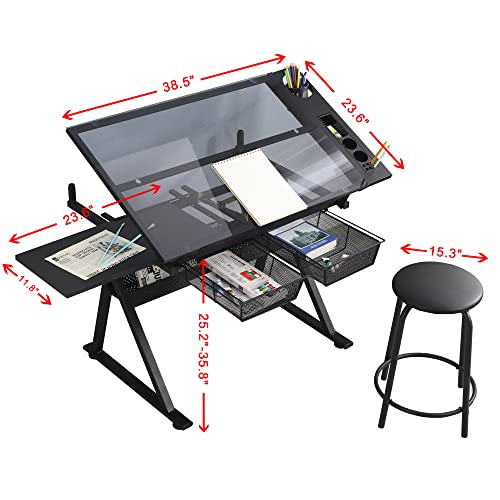 LifeSky Adjustable Glass Drafting Table - Height Adjustable Temped Glass Artists Drawing Table with Storage - Art Craft Desk Workstation for Adults