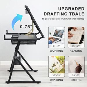 LifeSky Adjustable Glass Drafting Table - Height Adjustable Temped Glass Artists Drawing Table with Storage - Art Craft Desk Workstation for Adults