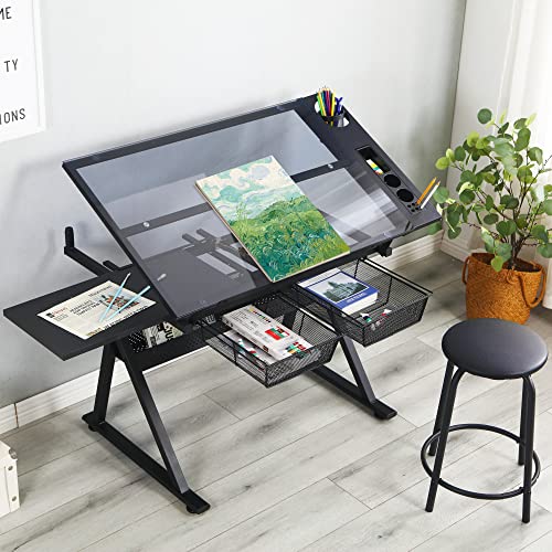 LifeSky Adjustable Glass Drafting Table - Height Adjustable Temped Glass Artists Drawing Table with Storage - Art Craft Desk Workstation for Adults