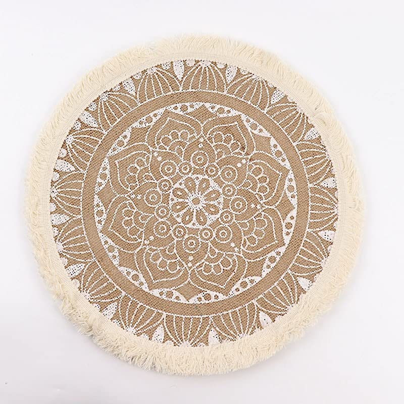 BalsaCircle 4 Natural 15 in Round Burlap Jute Placemats White Mandala Print Fringe Trim Wedding Party Events Decorations Supplies