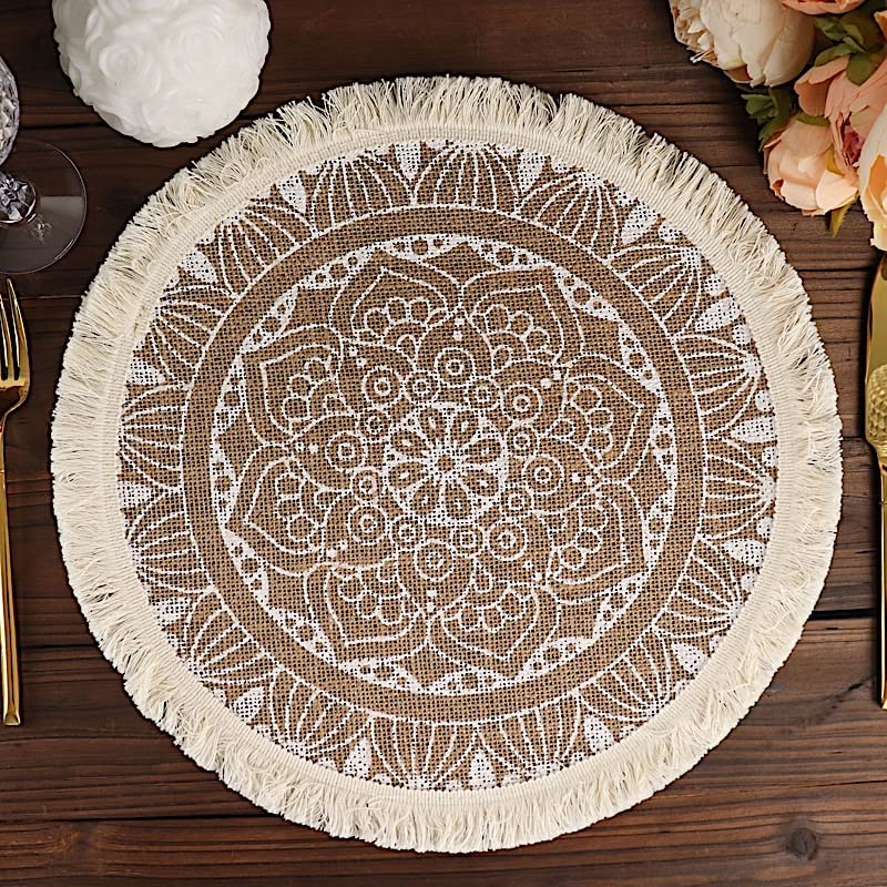 BalsaCircle 4 Natural 15 in Round Burlap Jute Placemats White Mandala Print Fringe Trim Wedding Party Events Decorations Supplies