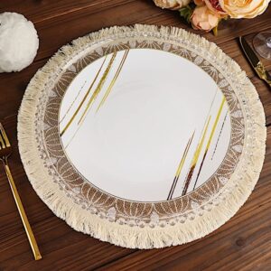 BalsaCircle 4 Natural 15 in Round Burlap Jute Placemats White Mandala Print Fringe Trim Wedding Party Events Decorations Supplies