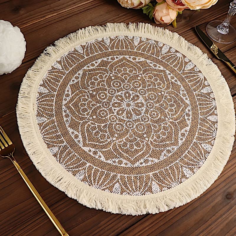 BalsaCircle 4 Natural 15 in Round Burlap Jute Placemats White Mandala Print Fringe Trim Wedding Party Events Decorations Supplies