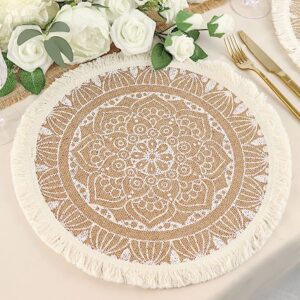 BalsaCircle 4 Natural 15 in Round Burlap Jute Placemats White Mandala Print Fringe Trim Wedding Party Events Decorations Supplies