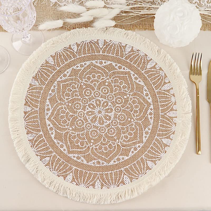 BalsaCircle 4 Natural 15 in Round Burlap Jute Placemats White Mandala Print Fringe Trim Wedding Party Events Decorations Supplies