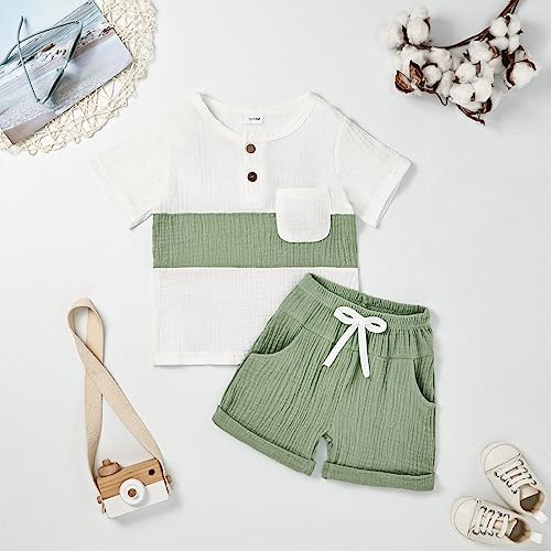 ODIMAME 2T Boy Clothes Toddler Boy Shorts Summer Outfits Patchwork T-Shirt Pocket Short Pants Set Light Green 2-3 Years