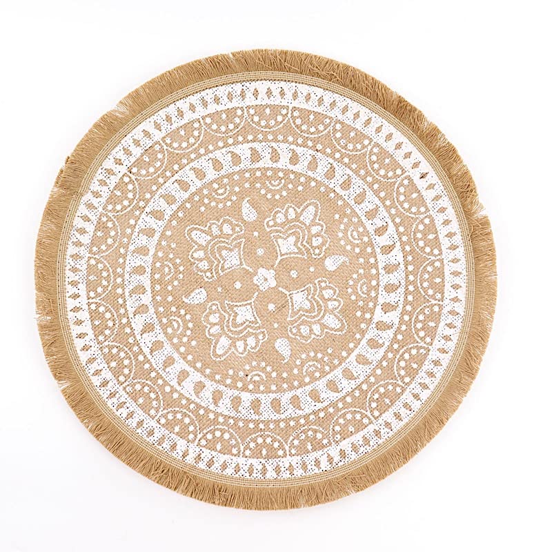 BalsaCircle 4 Natural 15 in Round Woven Burlap Jute Placemats White Print Fringe Trim Wedding Party Event Home Decorations Supplies