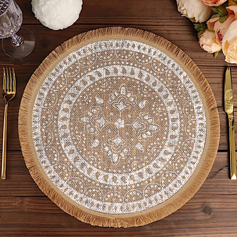 BalsaCircle 4 Natural 15 in Round Woven Burlap Jute Placemats White Print Fringe Trim Wedding Party Event Home Decorations Supplies
