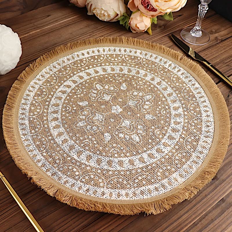 BalsaCircle 4 Natural 15 in Round Woven Burlap Jute Placemats White Print Fringe Trim Wedding Party Event Home Decorations Supplies