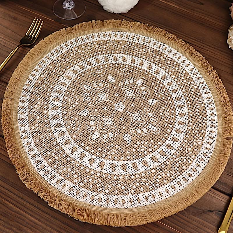 BalsaCircle 4 Natural 15 in Round Woven Burlap Jute Placemats White Print Fringe Trim Wedding Party Event Home Decorations Supplies