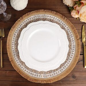 BalsaCircle 4 Natural 15 in Round Woven Burlap Jute Placemats White Print Fringe Trim Wedding Party Event Home Decorations Supplies