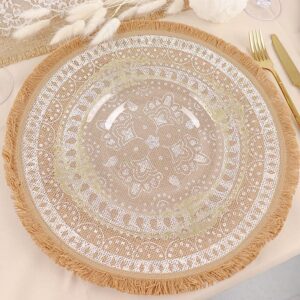 BalsaCircle 4 Natural 15 in Round Woven Burlap Jute Placemats White Print Fringe Trim Wedding Party Event Home Decorations Supplies