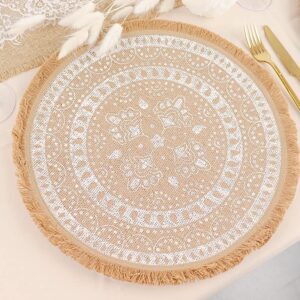 BalsaCircle 4 Natural 15 in Round Woven Burlap Jute Placemats White Print Fringe Trim Wedding Party Event Home Decorations Supplies