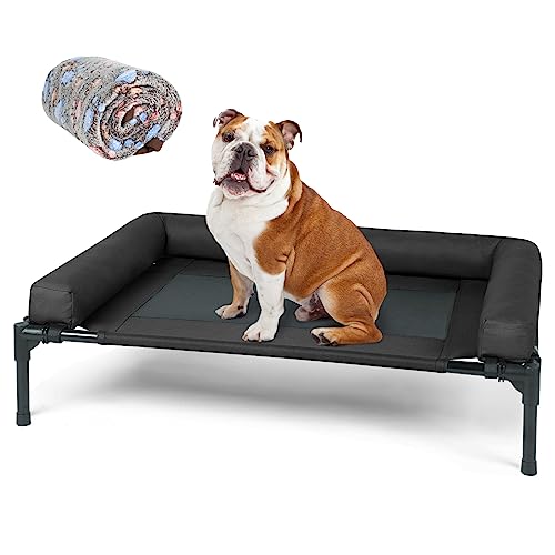 Titwest Cooling Elevated Dog Bed, Outdoor Raised Dog Cots Beds for Large Dogs, Portable Pet Bed with Washable Breathable Mesh, Removable Bolster, Blanket and No-Slip Feet, Fits up to 75lbs