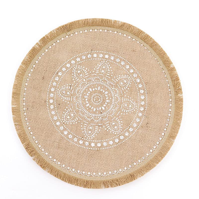 BalsaCircle 4 Natural 15 in Round Burlap Jute Placemats White Prints Fringe Tassel Trim Party Events Reception Decorations Supplies