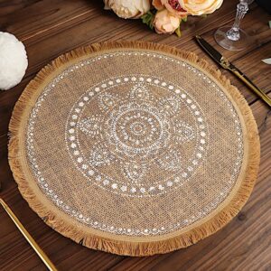 BalsaCircle 4 Natural 15 in Round Burlap Jute Placemats White Prints Fringe Tassel Trim Party Events Reception Decorations Supplies