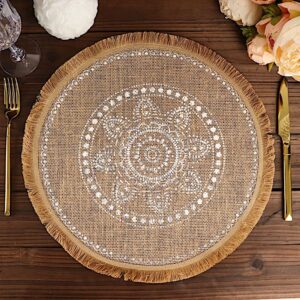 BalsaCircle 4 Natural 15 in Round Burlap Jute Placemats White Prints Fringe Tassel Trim Party Events Reception Decorations Supplies