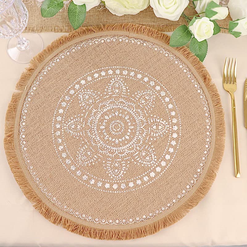 BalsaCircle 4 Natural 15 in Round Burlap Jute Placemats White Prints Fringe Tassel Trim Party Events Reception Decorations Supplies