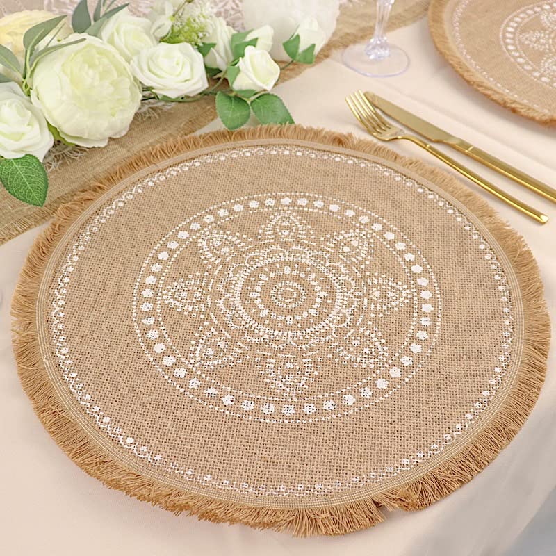 BalsaCircle 4 Natural 15 in Round Burlap Jute Placemats White Prints Fringe Tassel Trim Party Events Reception Decorations Supplies