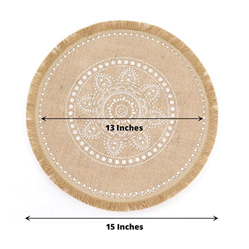 BalsaCircle 4 Natural 15 in Round Burlap Jute Placemats White Prints Fringe Tassel Trim Party Events Reception Decorations Supplies