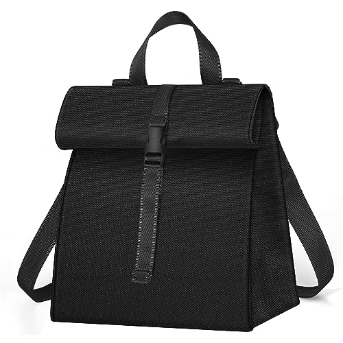 Lunch Bag for Women & Men, Foldable Lunch Box for Adults Insulated Lunch Bag for Office Work Picnic with Shoulder Strap, Black