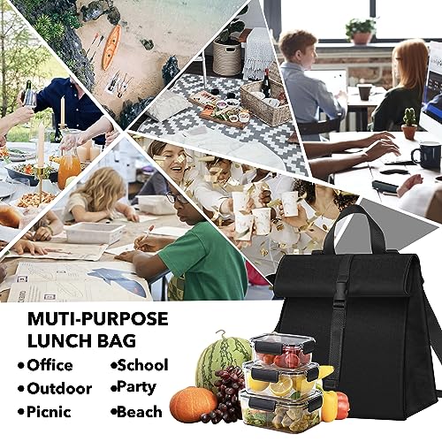 Lunch Bag for Women & Men, Foldable Lunch Box for Adults Insulated Lunch Bag for Office Work Picnic with Shoulder Strap, Black