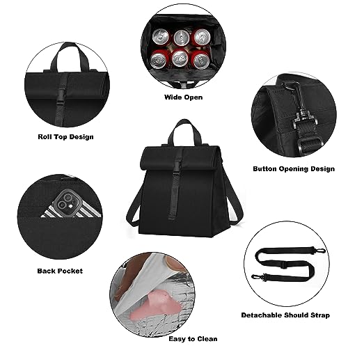 Lunch Bag for Women & Men, Foldable Lunch Box for Adults Insulated Lunch Bag for Office Work Picnic with Shoulder Strap, Black