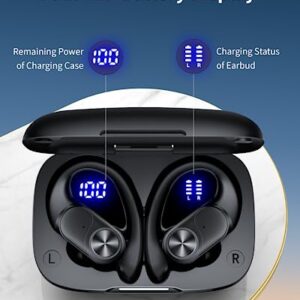 Bluetooth Headphones Wireless Earbuds 80hrs Playtime Wireless Charging Case Digital Display Sports Ear buds with Earhook Premium Deep Bass IPX7 Waterproof Over-Ear Earphones for TV Phone Laptop Black