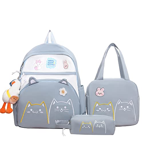 DAHUOJI 3PCS Kawaii Backpack Set 17in Cat Embroidery Backpacks Aesthetic School Bag Cute Bookbag with Lunch Bag,Pencil Box,Duck Pendant & Badge,Blue