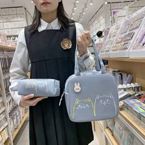 DAHUOJI 3PCS Kawaii Backpack Set 17in Cat Embroidery Backpacks Aesthetic School Bag Cute Bookbag with Lunch Bag,Pencil Box,Duck Pendant & Badge,Blue