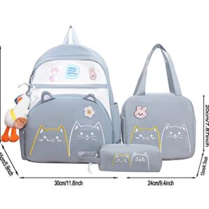 DAHUOJI 3PCS Kawaii Backpack Set 17in Cat Embroidery Backpacks Aesthetic School Bag Cute Bookbag with Lunch Bag,Pencil Box,Duck Pendant & Badge,Blue