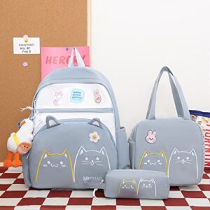 DAHUOJI 3PCS Kawaii Backpack Set 17in Cat Embroidery Backpacks Aesthetic School Bag Cute Bookbag with Lunch Bag,Pencil Box,Duck Pendant & Badge,Blue