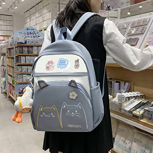 DAHUOJI 3PCS Kawaii Backpack Set 17in Cat Embroidery Backpacks Aesthetic School Bag Cute Bookbag with Lunch Bag,Pencil Box,Duck Pendant & Badge,Blue