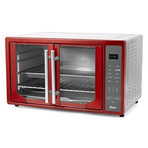oster extra large single pull french door turbo convection toaster oven with 2 removable baking racks, 60-minute timer, & adjustable temperature, red