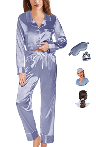 WJing Yi Jia Womens Pajama Set Silk Satin Pajamas Long 2pc Pjs Button Down Sleepwear Pj Set Loungewear