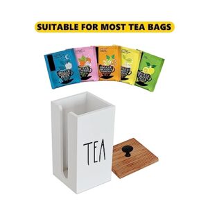 Tea Bag Holder, Farmhouse Tea Caddy, Wood Tea Bag Storage Organizer, Tea Containers with Lid, Tea Bag Dispenser, Tea Canister, Tea Accessories, Great for Tea Bars and Tea Gifts (White)