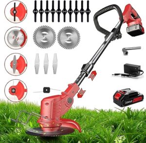 weed wacker battery operated 21v 3000mah, 3-in-1 weedeaters cordless brush cutter edger lawn string trimmer, with 4 types blades, 1 battery, 1 charger (red)