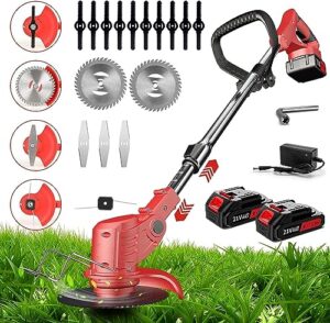 weed wacker battery operated 21v 3000mah, 3-in-1 weedeaters cordless brush cutter edger lawn string trimmer, with 4 types blades, 2 batteries, 1 charger (red)