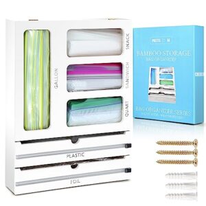 pastelae plastic wrap dispenser with cutter & ziplock bag organizer,6 in 1 bamboo foil & plastic wrap organizer for kitchen drawer,kitchen organizers and storage for gallon,quart,sandwich,snack(white)