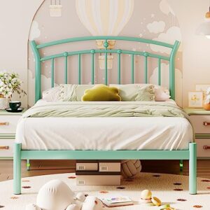 feonase twin size metal platform bed frame with retro headboard, hardened steel tube, 12" under-bed storage, no box spring needed, easy assembly, mint green