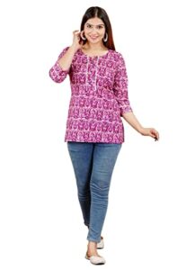 cotton hthrang women's tunics tops, printed short kurtis for jeans indian style cotton casual kurta for women purple