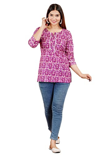 COTTON HTHRANG Women's Tunics Tops, Printed Short Kurtis for Jeans Indian Style Cotton Casual Kurta for Women Purple