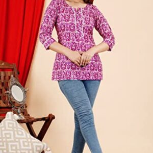 COTTON HTHRANG Women's Tunics Tops, Printed Short Kurtis for Jeans Indian Style Cotton Casual Kurta for Women Purple