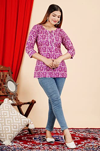 COTTON HTHRANG Women's Tunics Tops, Printed Short Kurtis for Jeans Indian Style Cotton Casual Kurta for Women Purple